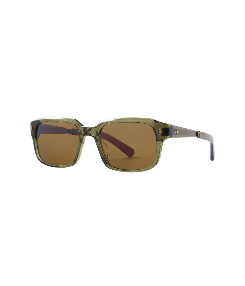 Angled shot of the Purveyor S sunglasses, emphasizing the frame’s bold, masculine look, Select Polar Glass lenses, and detailed Cartography core wire filigree.