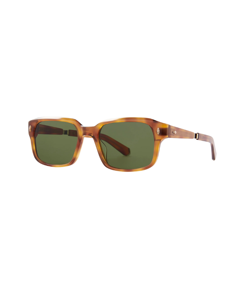 Angled shot of the Purveyor S sunglasses, emphasising the frame’s bold, masculine look, Select Polar Glass lenses, and detailed Cartography core wire filigree.