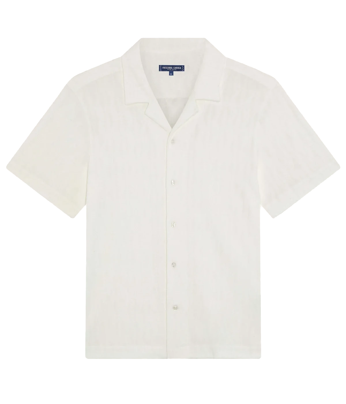 Men’s terry jacquard short-sleeve shirt in lightweight cotton-blend with cable-knit texture, camp collar, and relaxed fit, designed for warm-weather loungewear.