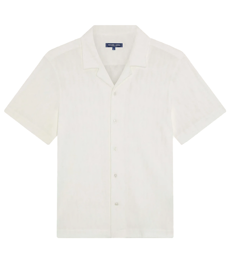 Men’s terry jacquard short-sleeve shirt in lightweight cotton-blend with cable-knit texture, camp collar, and relaxed fit, designed for warm-weather loungewear.