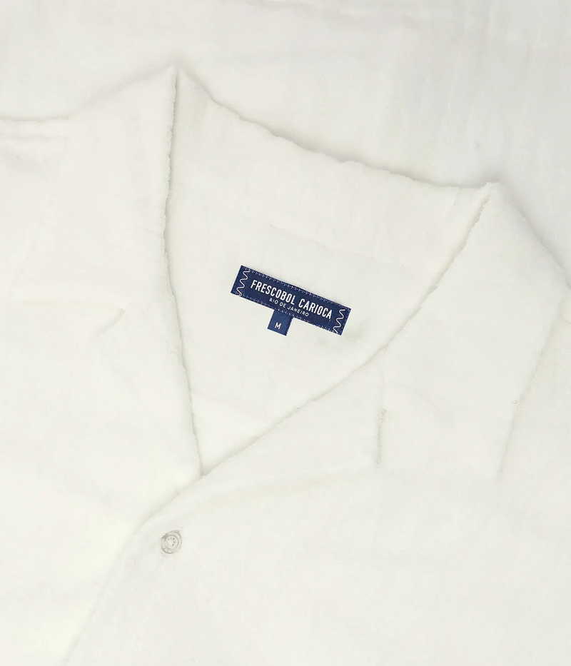 Men’s terry jacquard short-sleeve shirt in lightweight cotton-blend with cable-knit texture, camp collar, and relaxed fit, designed for warm-weather loungewear.