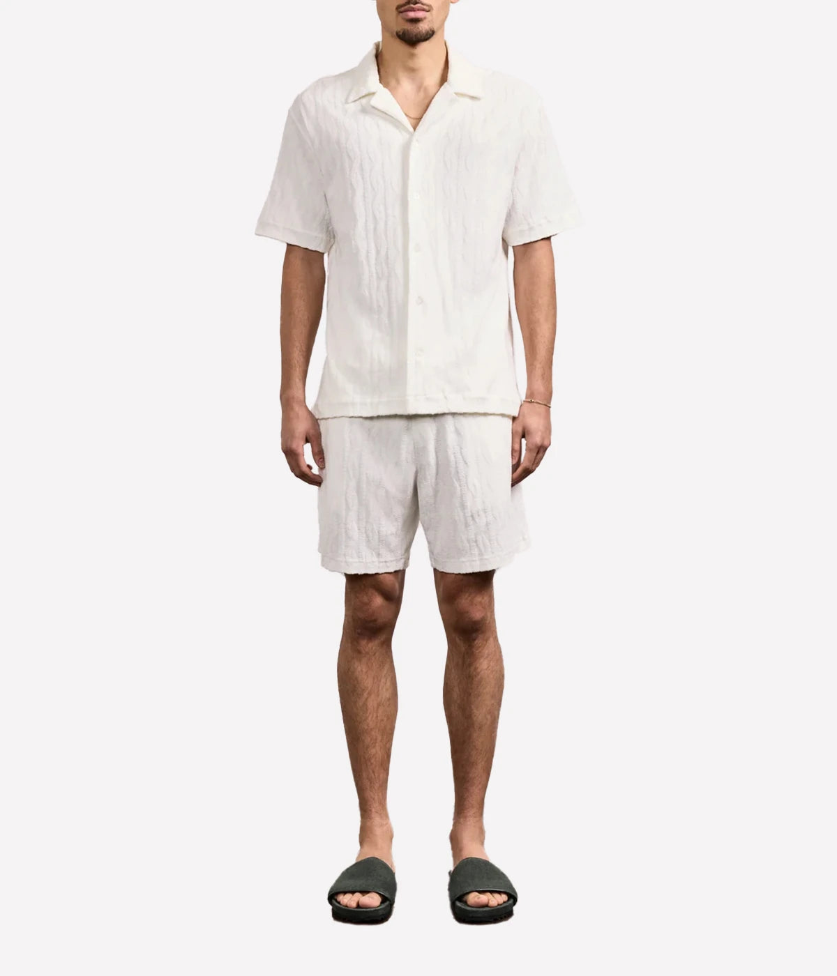 Men’s terry jacquard short-sleeve shirt in lightweight cotton-blend with cable-knit texture, camp collar, and relaxed fit, designed for warm-weather loungewear.