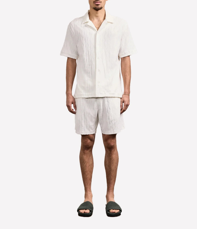 Men’s terry jacquard short-sleeve shirt in lightweight cotton-blend with cable-knit texture, camp collar, and relaxed fit, designed for warm-weather loungewear.