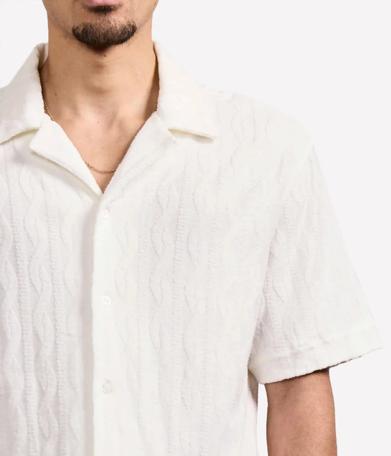 Men’s terry jacquard short-sleeve shirt in lightweight cotton-blend with cable-knit texture, camp collar, and relaxed fit, designed for warm-weather loungewear.