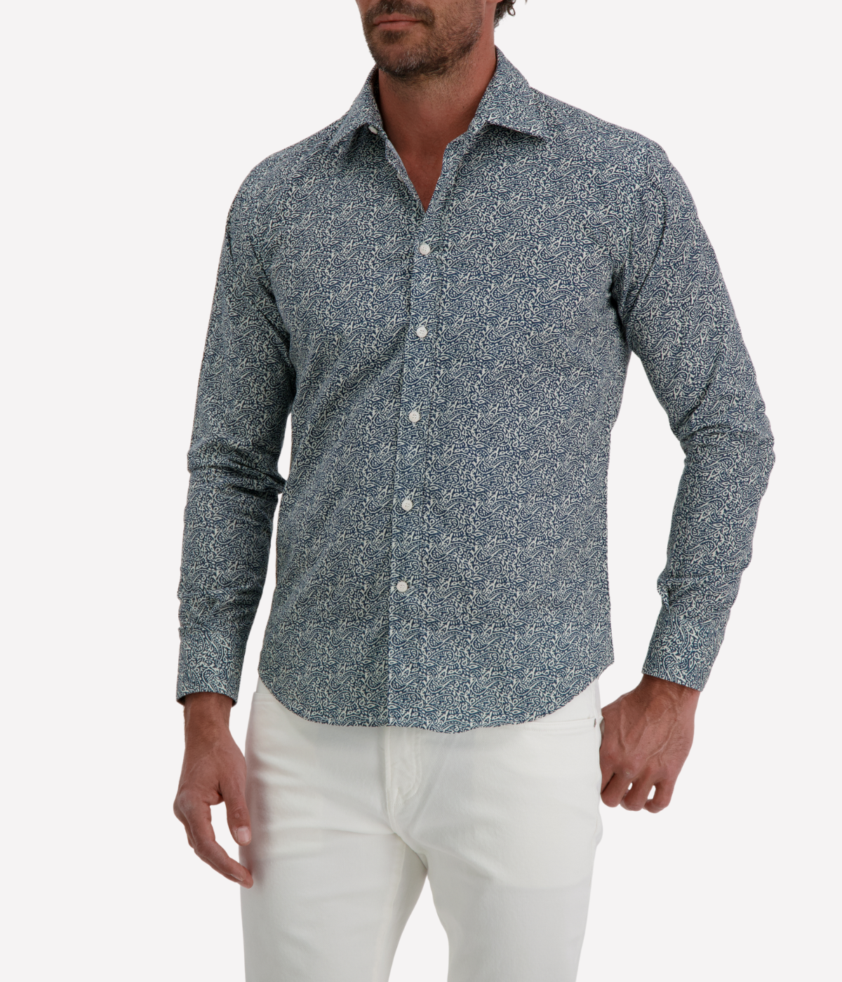 Men’s Osvaldo Trucchi navy paisley print shirt in cotton with regular fit and long sleeves.