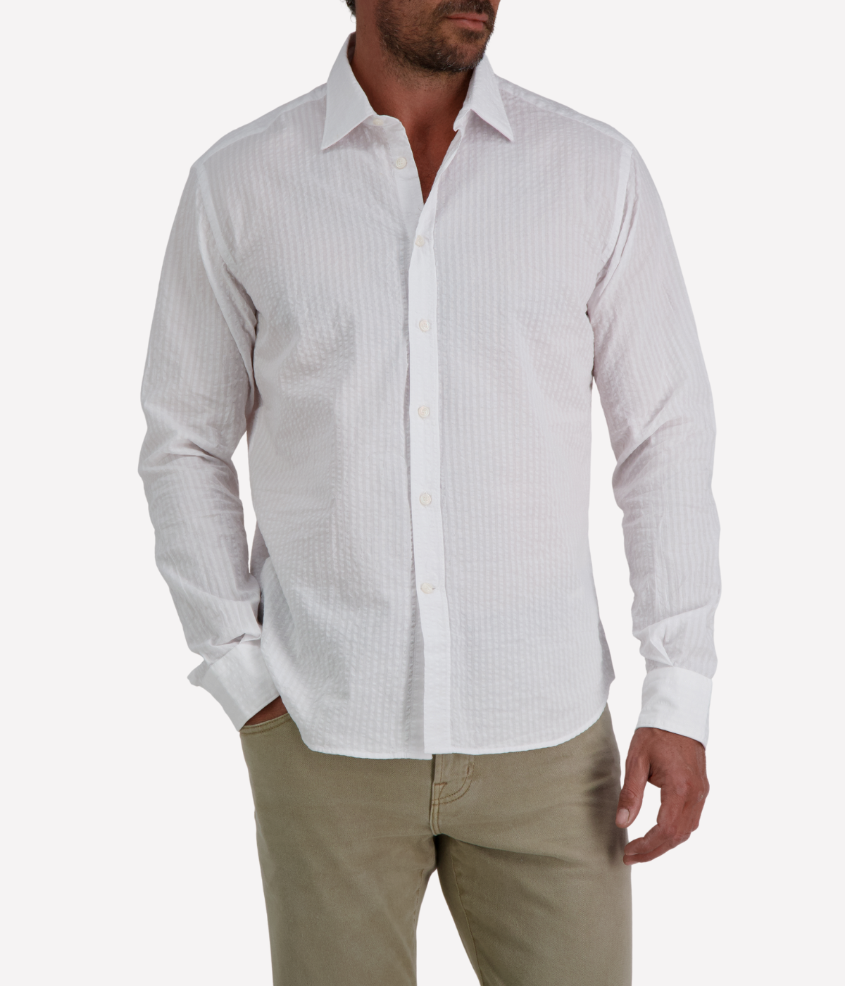 Men’s Osvaldo Trucchi white cotton seersucker shirt with regular fit and long sleeves.
