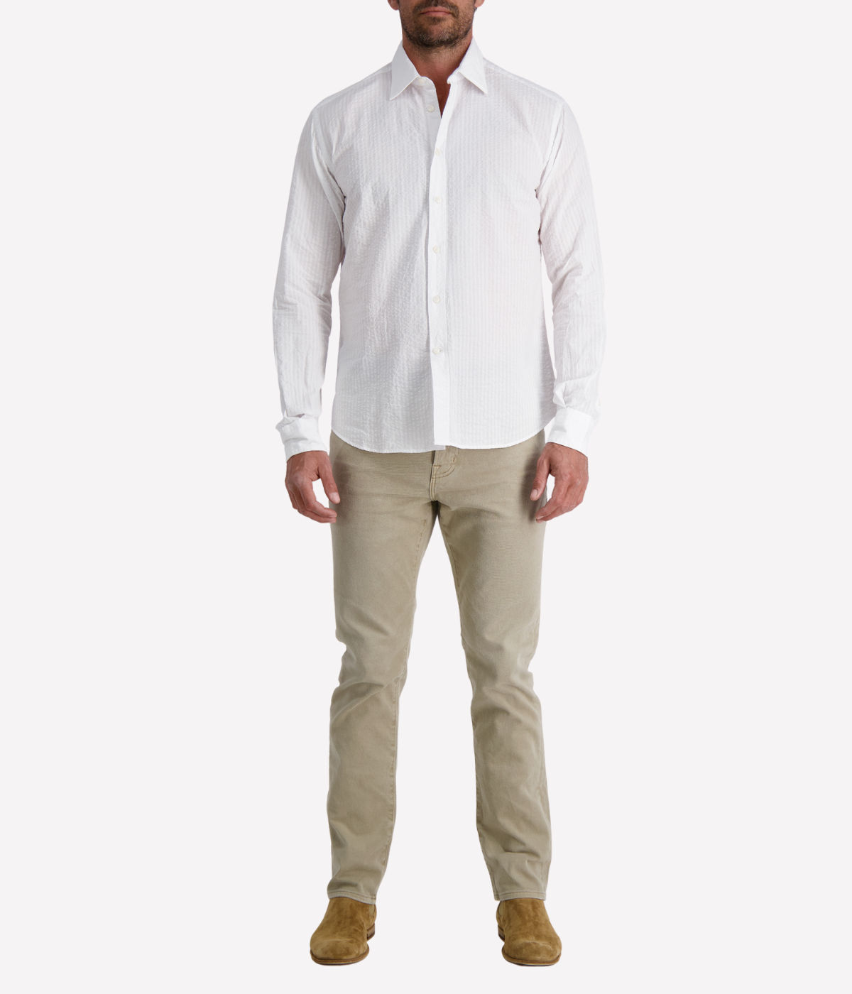 Men’s Osvaldo Trucchi white cotton seersucker shirt with regular fit and long sleeves.