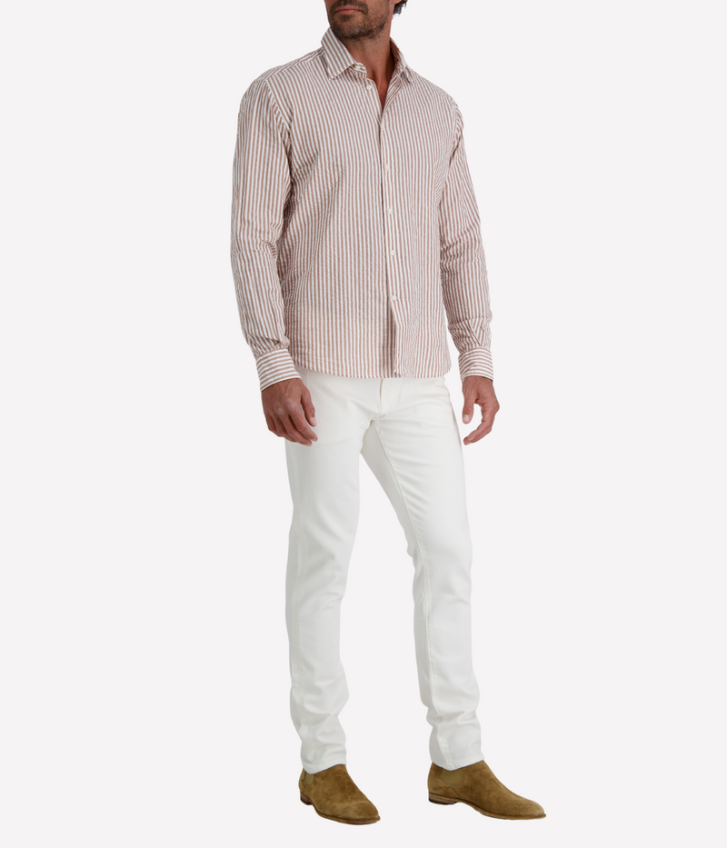 Men’s Osvaldo Trucchi tan and white striped cotton seersucker shirt with regular fit and long sleeves.