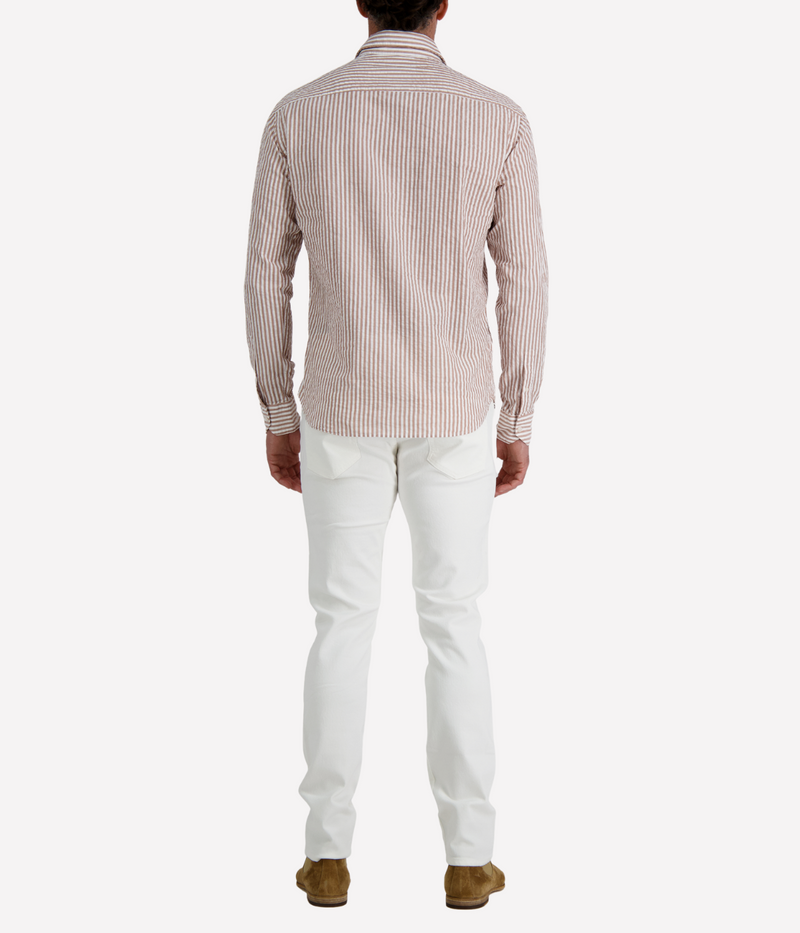 Men’s Osvaldo Trucchi tan and white striped cotton seersucker shirt with regular fit and long sleeves.