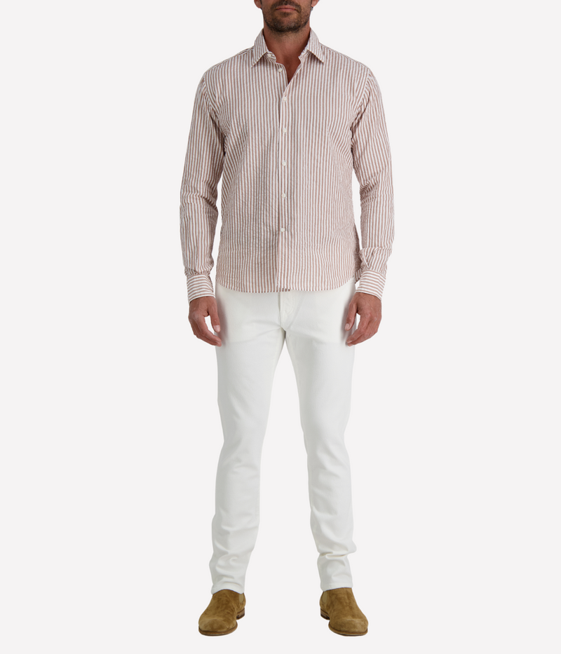 Men’s Osvaldo Trucchi tan and white striped cotton seersucker shirt with regular fit and long sleeves.