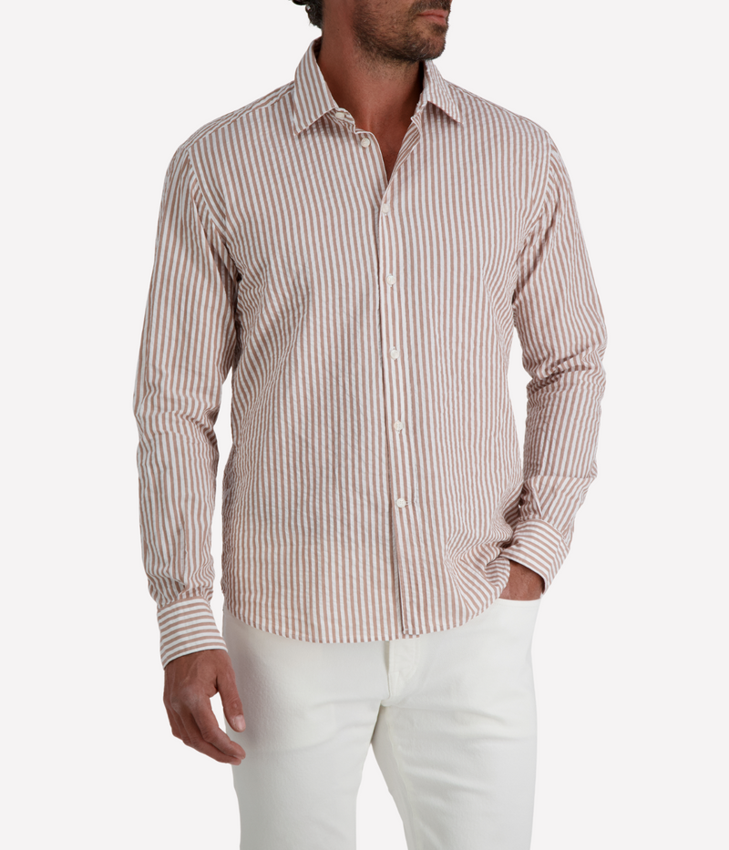 Men’s Osvaldo Trucchi tan and white striped cotton seersucker shirt with regular fit and long sleeves.