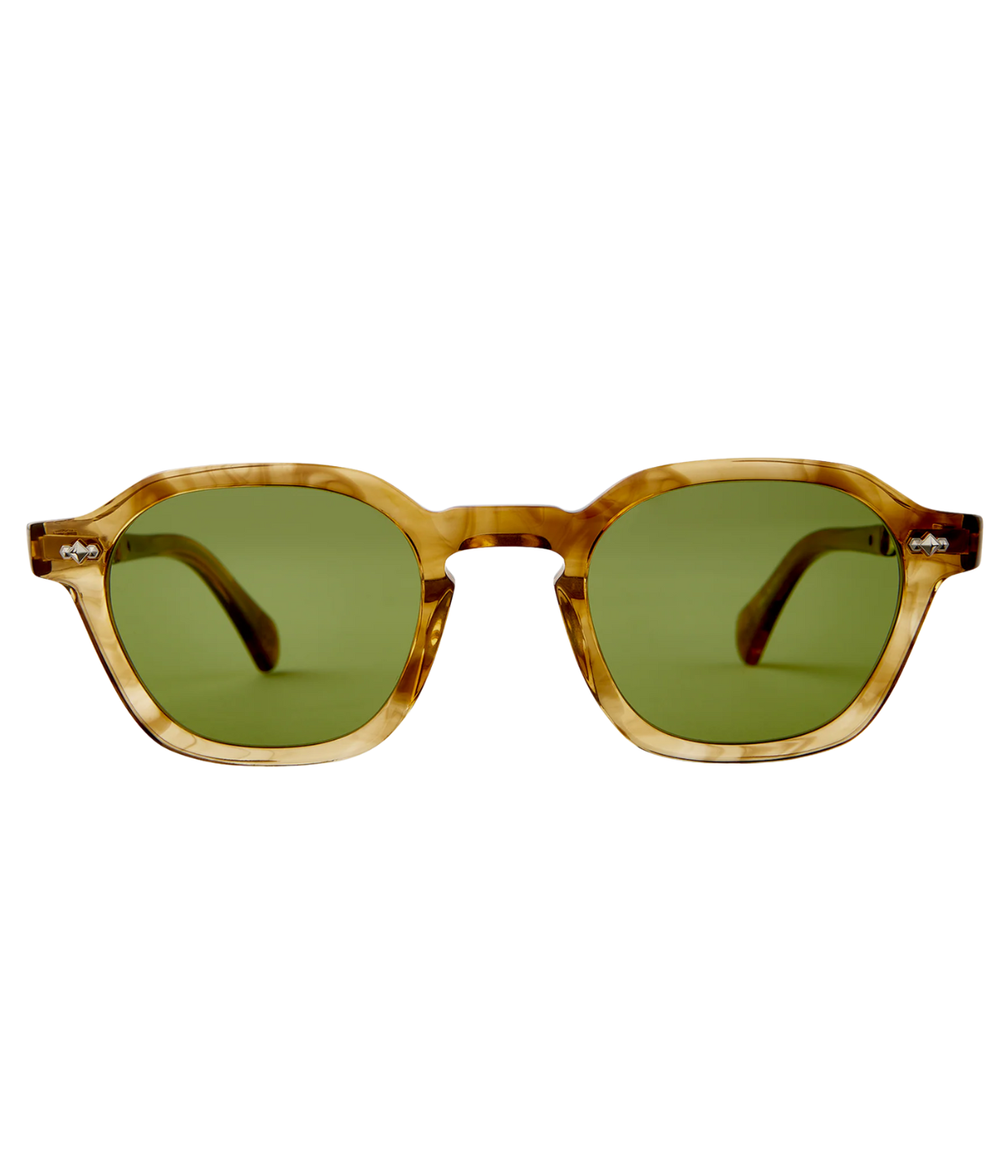 Sunglasses with tortoiseshell frame and green lenses on a white background