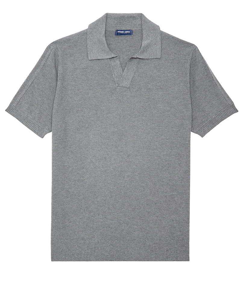 Rino Silk Knit V Polo in Stone Grey