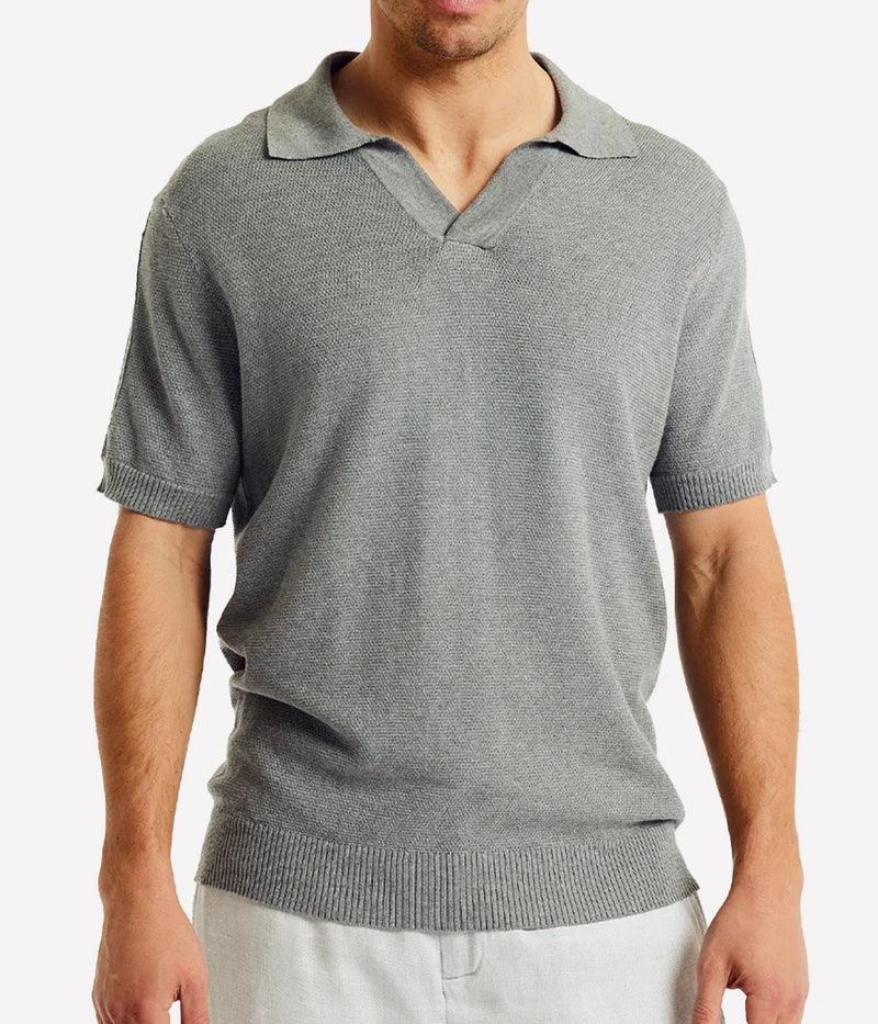 Rino Silk Knit V Polo in Stone Grey