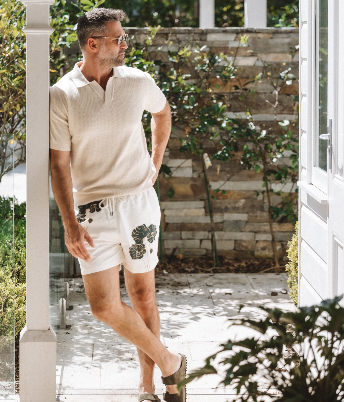 Rio Swim Short Linear Floral Print in Ivory & Evergreen