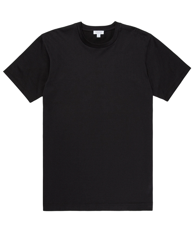 Front view of the Sunspel Riviera T-Shirt, originally designed for Daniel Craig in Casino Royale. Crafted from luxurious midweight cotton, the T-shirt features a classic crew neck and tailored fit, offering a smooth and durable feel perfect for transitional seasons.