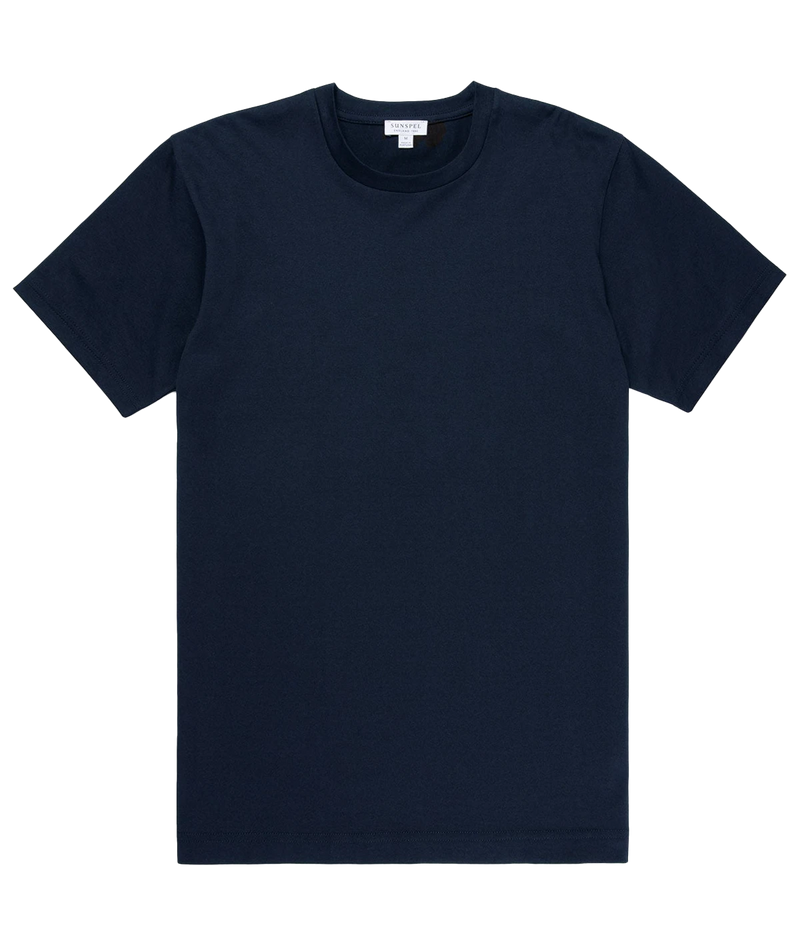 Ghost shot of the Sunspel Riviera T-Shirt, floating to emphasize its classic crew neck, clean lines, and premium midweight cotton construction. The timeless design combines luxury with everyday practicality.