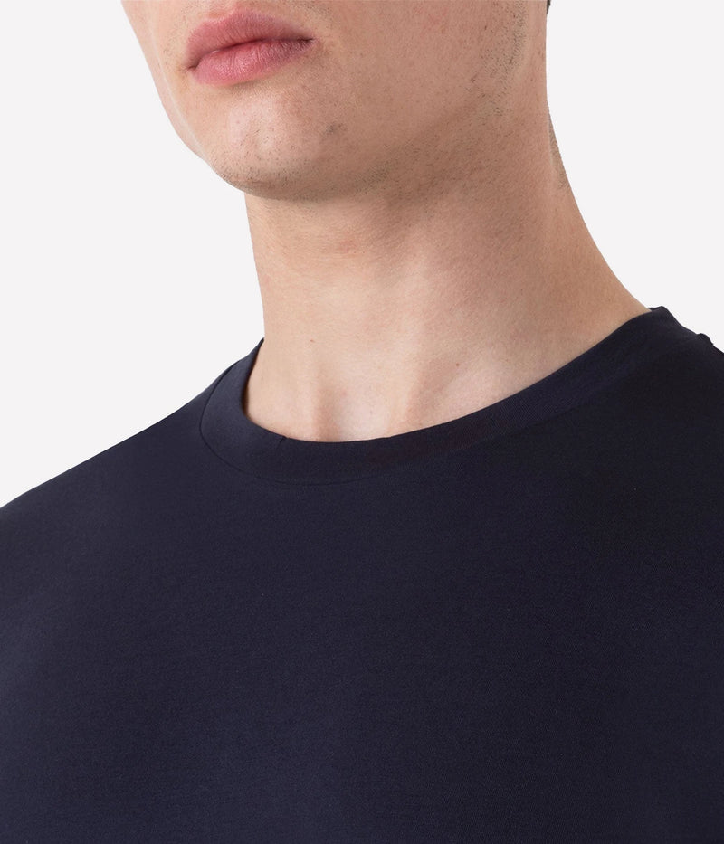 Close-up of the Sunspel Riviera T-Shirt fabric, highlighting the luxurious midweight cotton. The smooth texture and slight extra weight make it durable and perfect for transitioning between seasons.