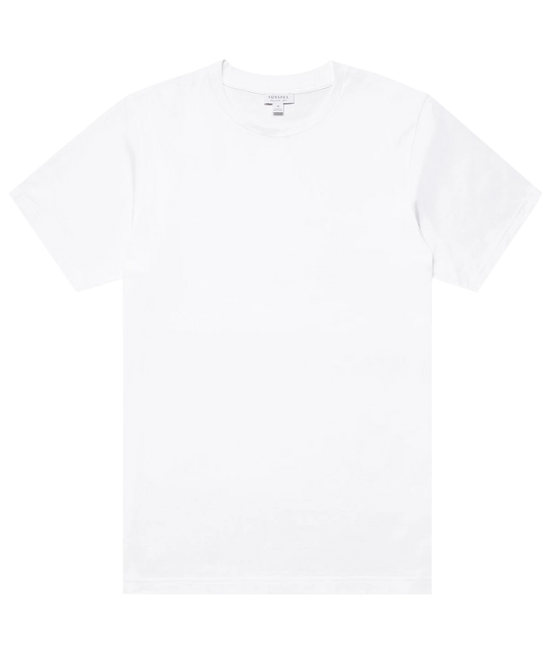 Front view of the Sunspel Riviera T-Shirt, originally designed for Daniel Craig in Casino Royale. Crafted from luxurious midweight cotton, the T-shirt features a classic crew neck and tailored fit, offering a smooth and durable feel perfect for transitional seasons.