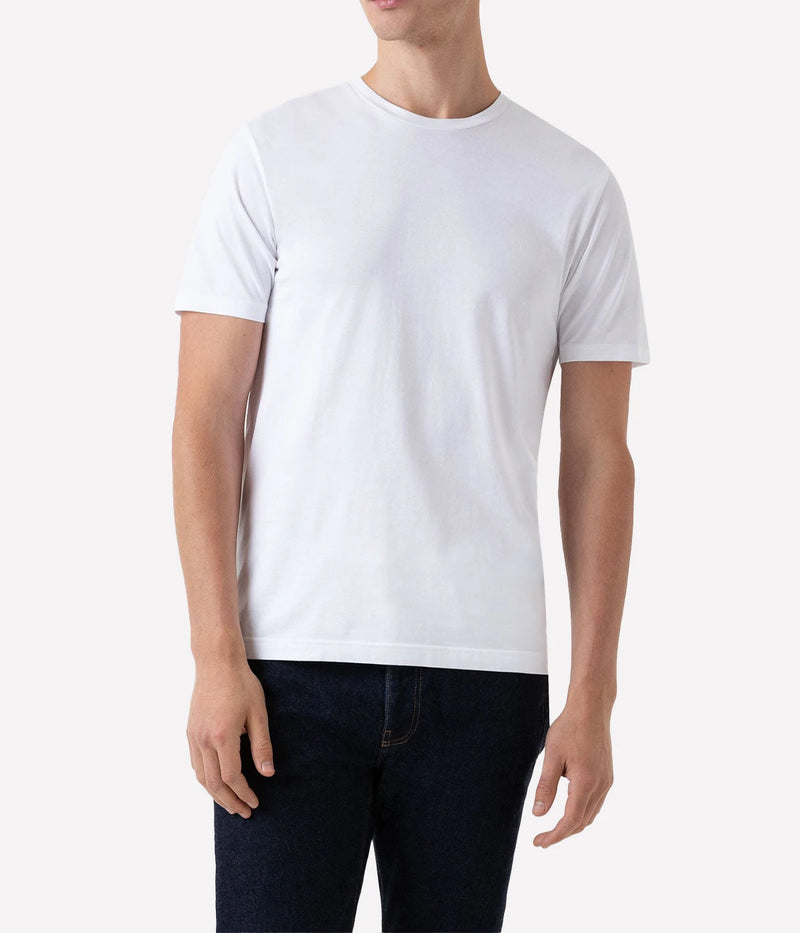 Front view of the Sunspel Riviera T-Shirt, originally designed for Daniel Craig in Casino Royale. Crafted from luxurious midweight cotton, the T-shirt features a classic crew neck and tailored fit, offering a smooth and durable feel perfect for transitional seasons.
