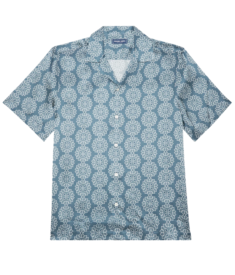 Roberto Medalhao Print Silk Short Sleeve Shirt in Summer Nights & Cloud Blue