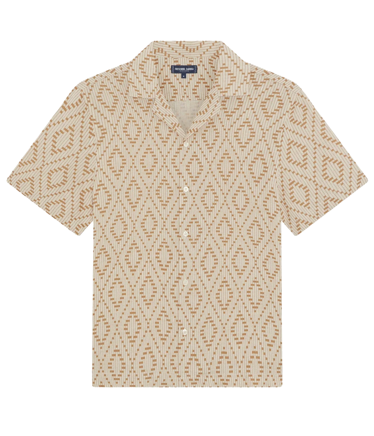 Men’s linen camp collar shirt featuring the seasonal Raffia Angra print, inspired by Brazilian coastal patterns, in a breathable relaxed fit.