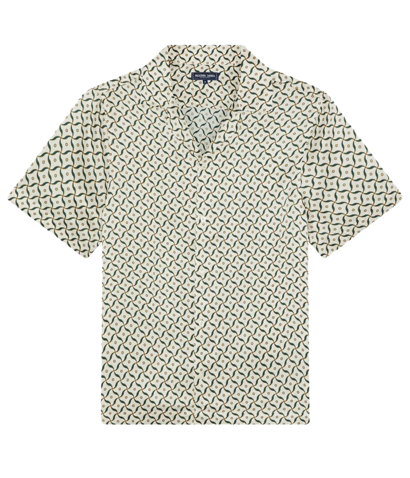 Men’s silk camp collar shirt by Frescobol Carioca with relaxed fit and all-over bespoke Lotus print, crafted from lightweight 100% silk.