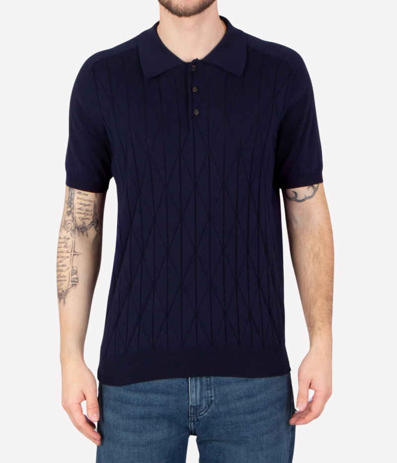 Navy pointelle-knit polo shirt with button placket, short sleeves, and ribbed trims, crafted from breathable cotton.
