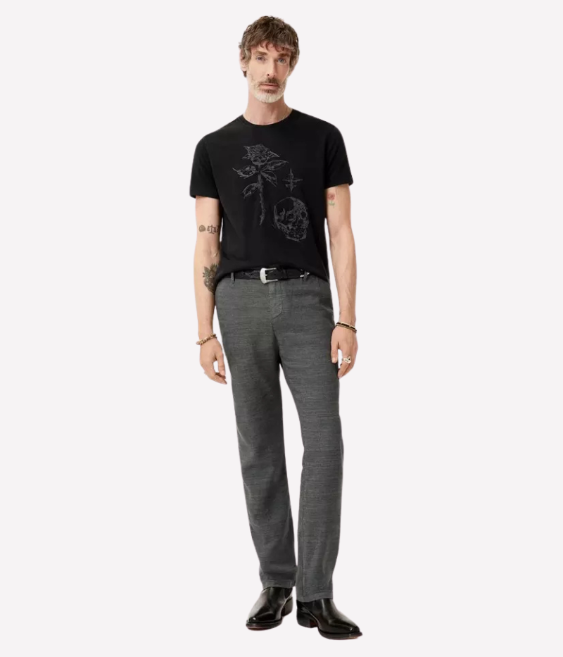 John Varvatos Rose + Skull Tee featuring embroidered rose, skull, and fleur-de-lis artwork with raw edge trim, crewneck, and short sleeves.