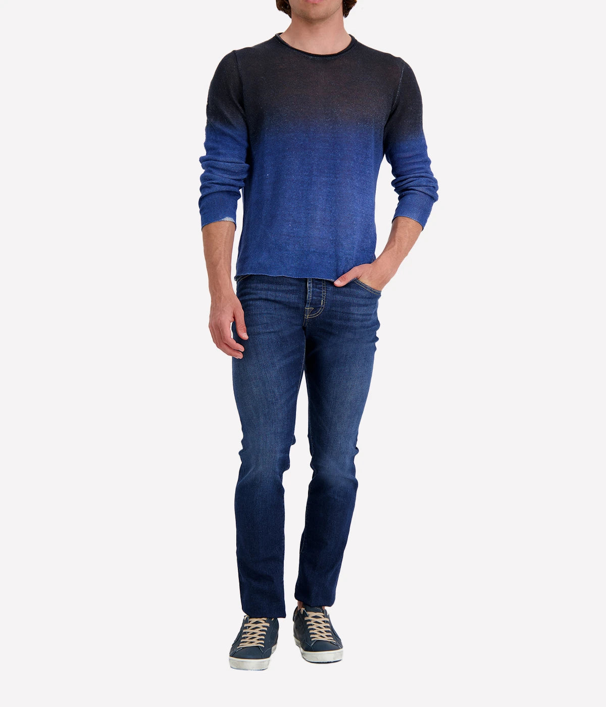 Round Neck Sweater in Genziana & Navy