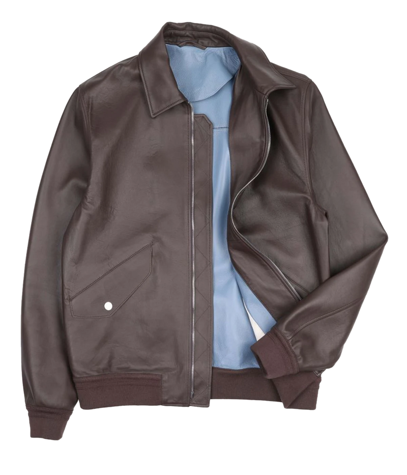 Two-tone nappa leather flight jacket with ribbed trims, flap pockets, and a two-way zipper, made in Italy.
