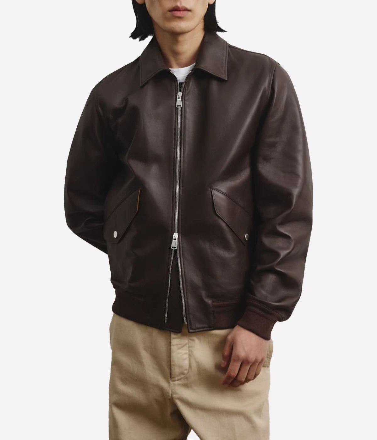 Two-tone nappa leather flight jacket with ribbed trims, flap pockets, and a two-way zipper, made in Italy.
