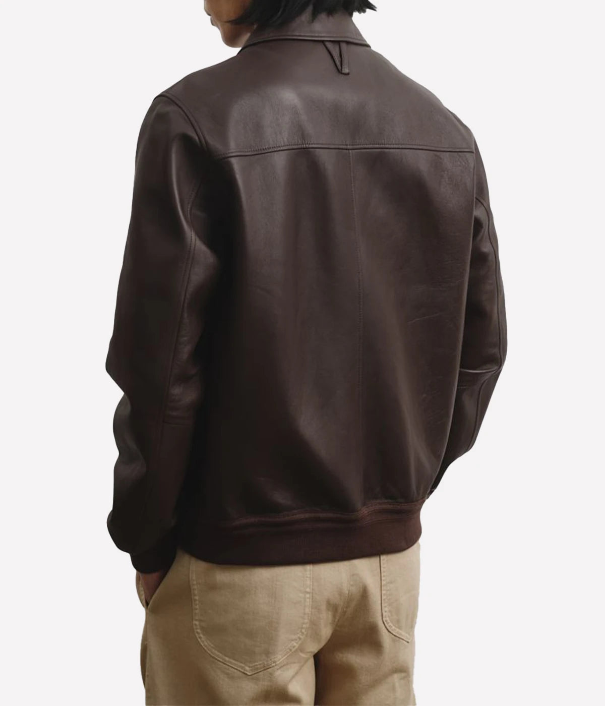 Two-tone nappa leather flight jacket with ribbed trims, flap pockets, and a two-way zipper, made in Italy.