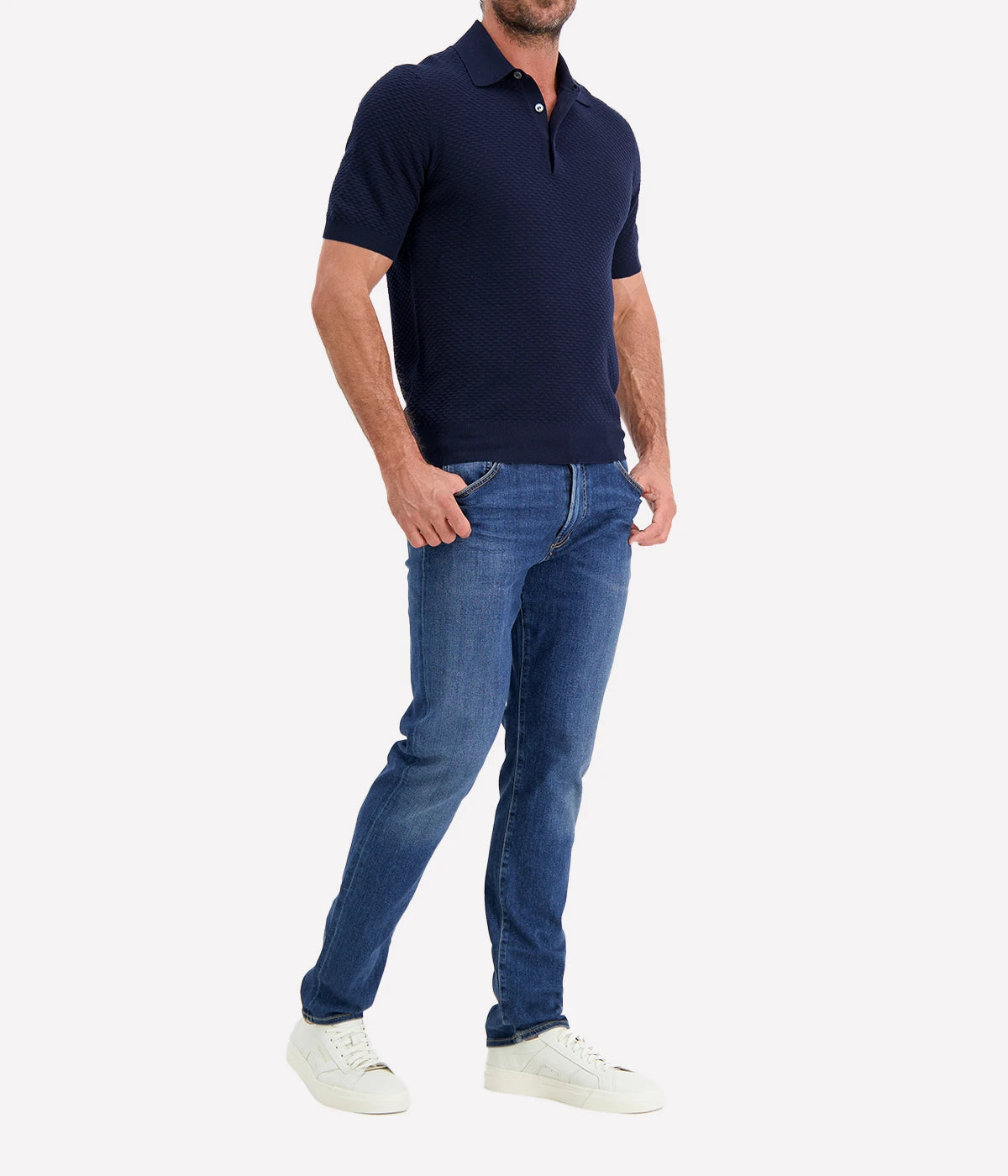 Short Sleeve Polo in Textured Navy
