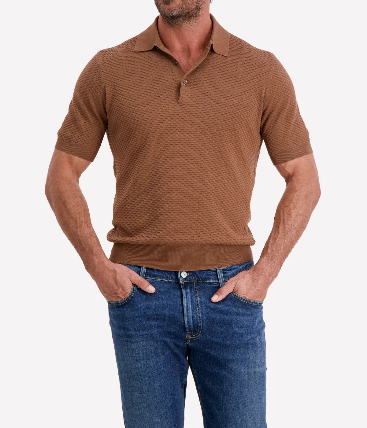 Short Sleeve Polo in Textured Tobacco Brown