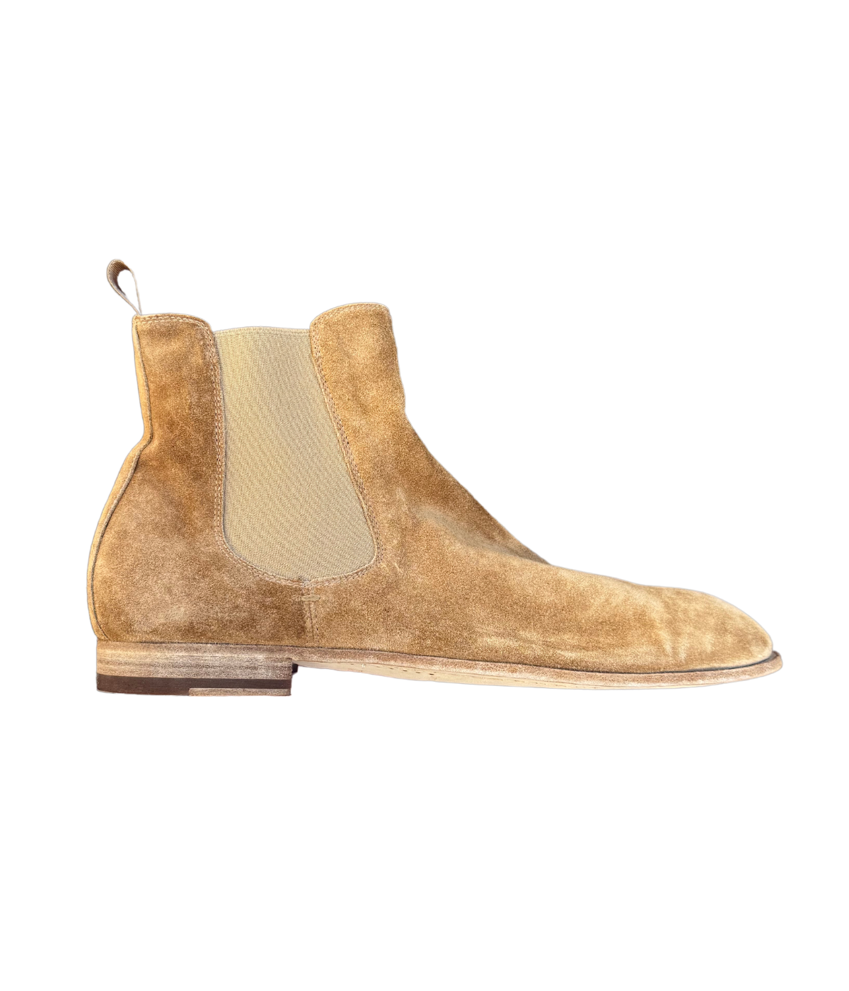 Men’s camel suede Chelsea boots with tonal elastic side panels, leather sole, and 25mm heel, handcrafted in Italy.