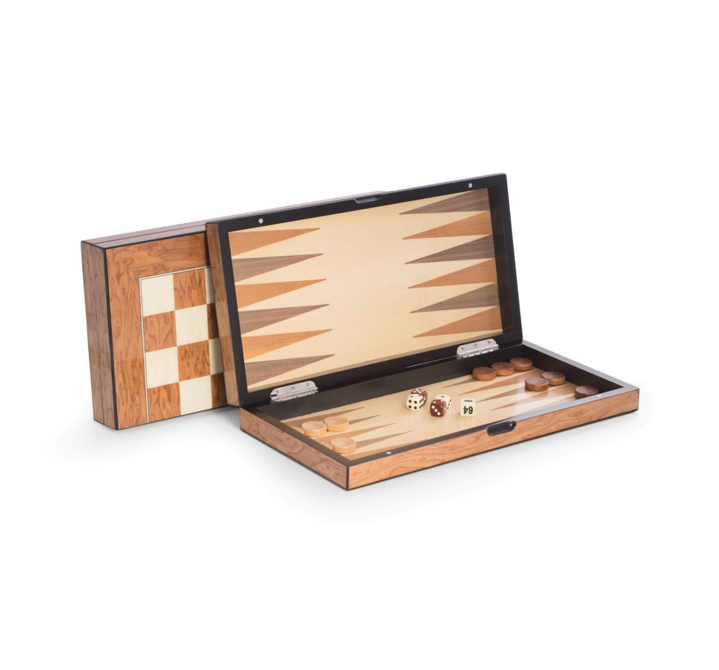 15.5" brown inlaid wood set, featuring a backgammon board on the inside and a chess and checkerboard on the outside. The set includes weighed pawns, wood checkers, dice, doubling dice, two dice cups, and a magnetic closure, blending elegance with functionality.