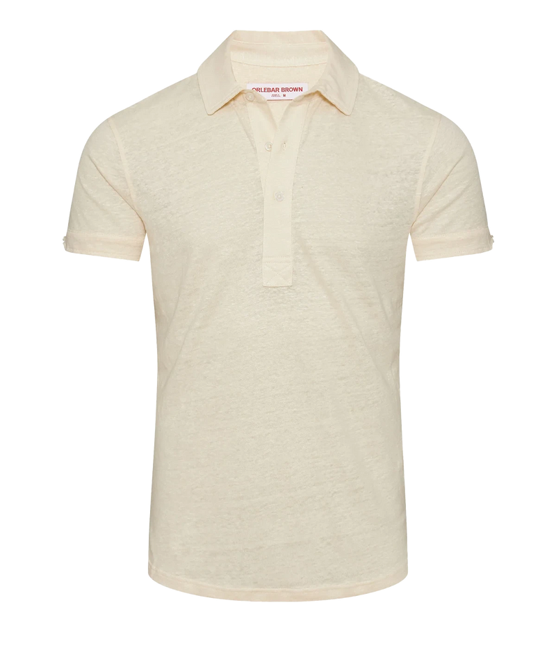 Men’s tailored linen polo shirt in Latte with structured collar, three-button placket, and shaped hem for a refined summer look