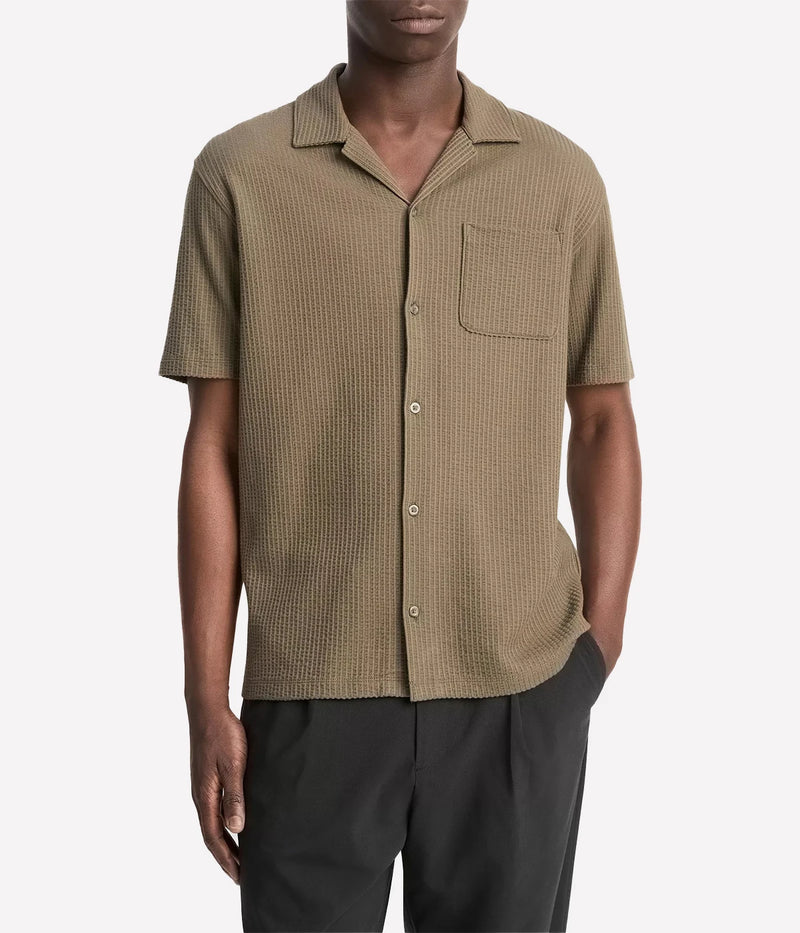 Vince men’s seersucker cabana shirt in off-white with button front, patch pocket, and textured knit for breathable comfort.