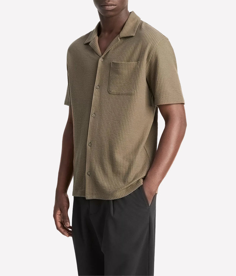 Vince men’s seersucker cabana shirt in off-white with button front, patch pocket, and textured knit for breathable comfort.