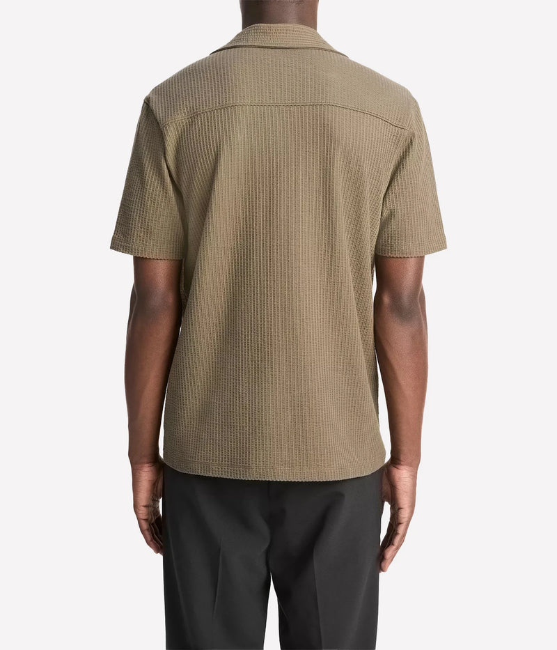 Vince men’s seersucker cabana shirt in off-white with button front, patch pocket, and textured knit for breathable comfort.