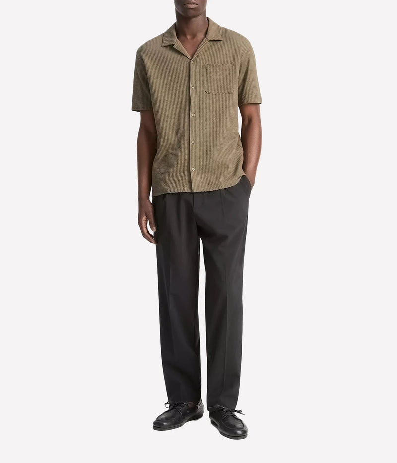 Vince men’s seersucker cabana shirt in off-white with button front, patch pocket, and textured knit for breathable comfort.