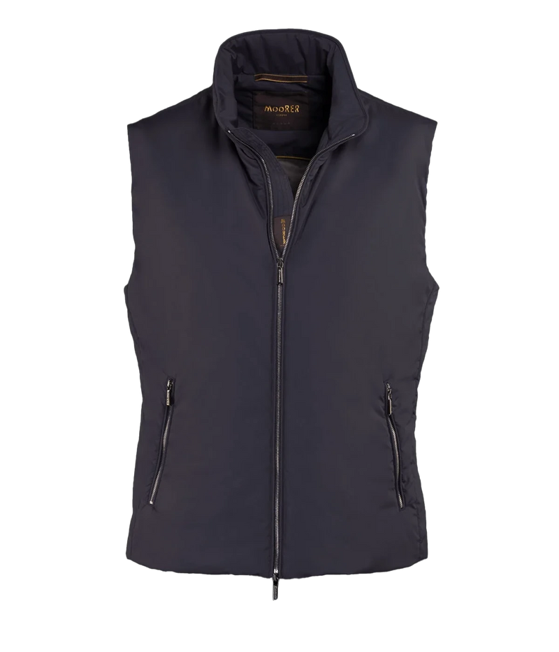 Senio Vest in Navy by MooRER, featuring water-repellent lightweight fabric, synthetic feather-effect padding, double-zip front closure, and zippered pockets. Made in Italy.