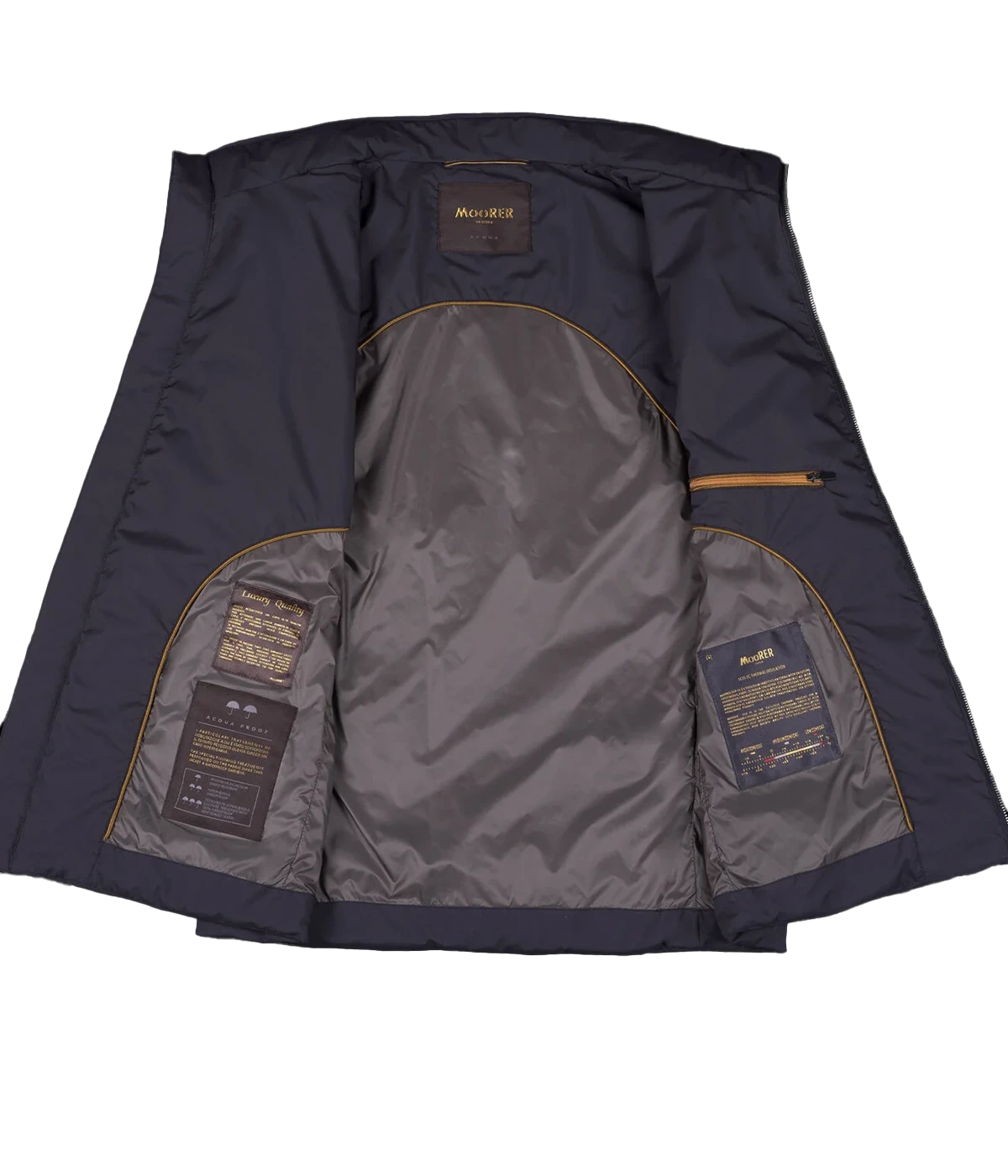 Senio Vest in Navy by MooRER, featuring water-repellent lightweight fabric, synthetic feather-effect padding, double-zip front closure, and zippered pockets. Made in Italy.