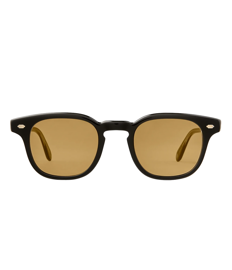 Black wayfarer style sunglasses with light brown semi transparent lenses. Handcrafted in Japan by Mr Leight.