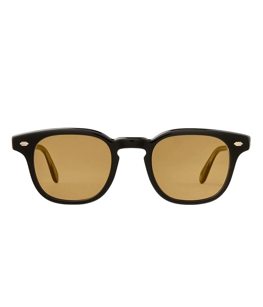 Black wayfarer style sunglasses with light brown semi transparent lenses. Handcrafted in Japan by Mr Leight.