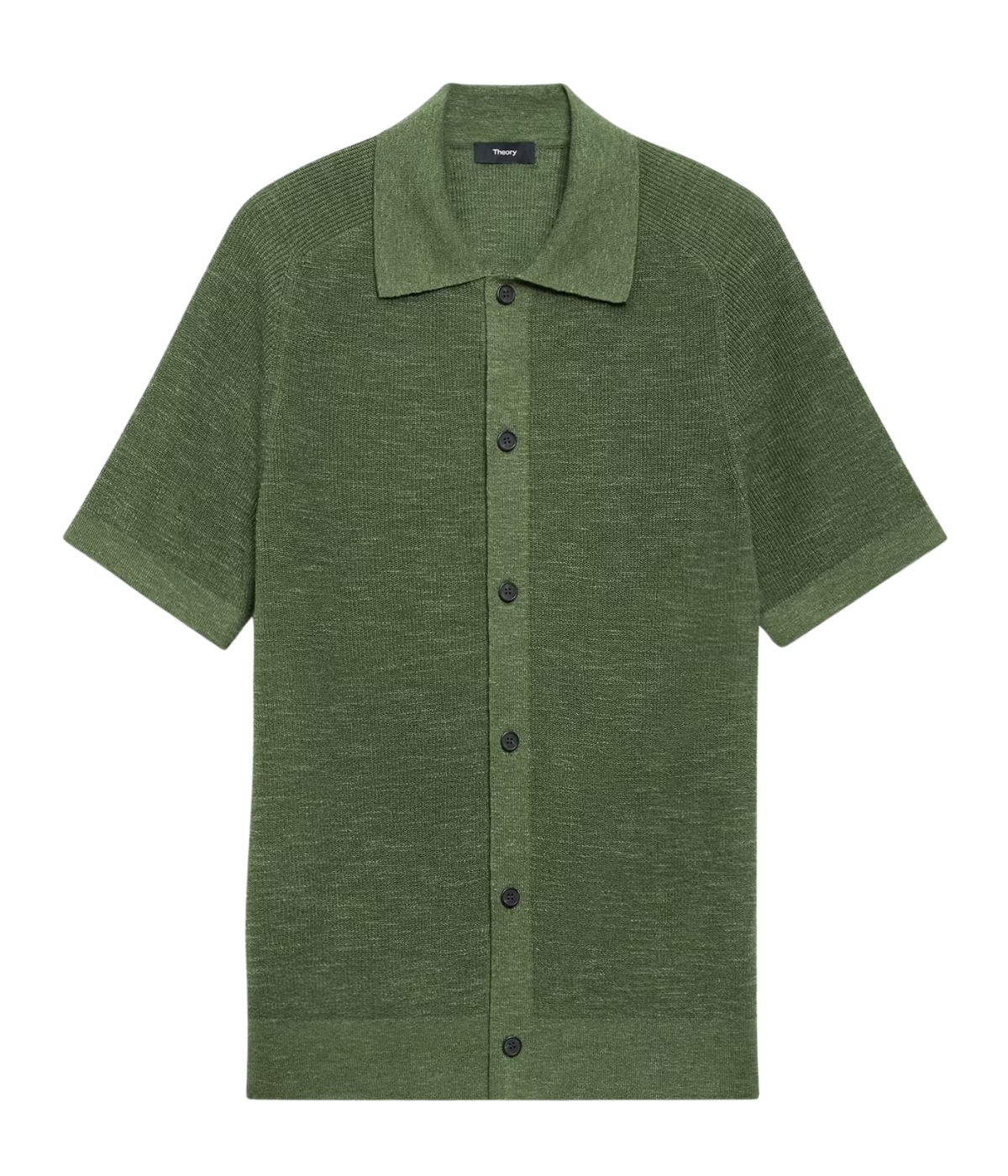 Men’s short-sleeve linen cotton blend shirt with spread collar and button-front closure, lightweight Italian knit.