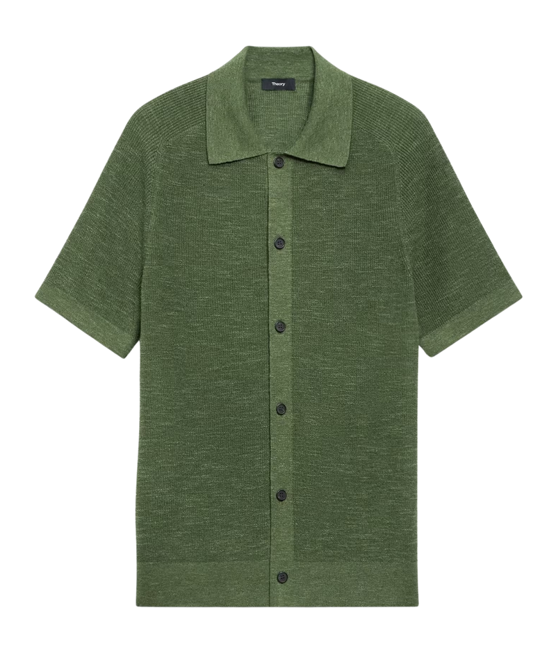 Men’s short-sleeve linen cotton blend shirt with spread collar and button-front closure, lightweight Italian knit.