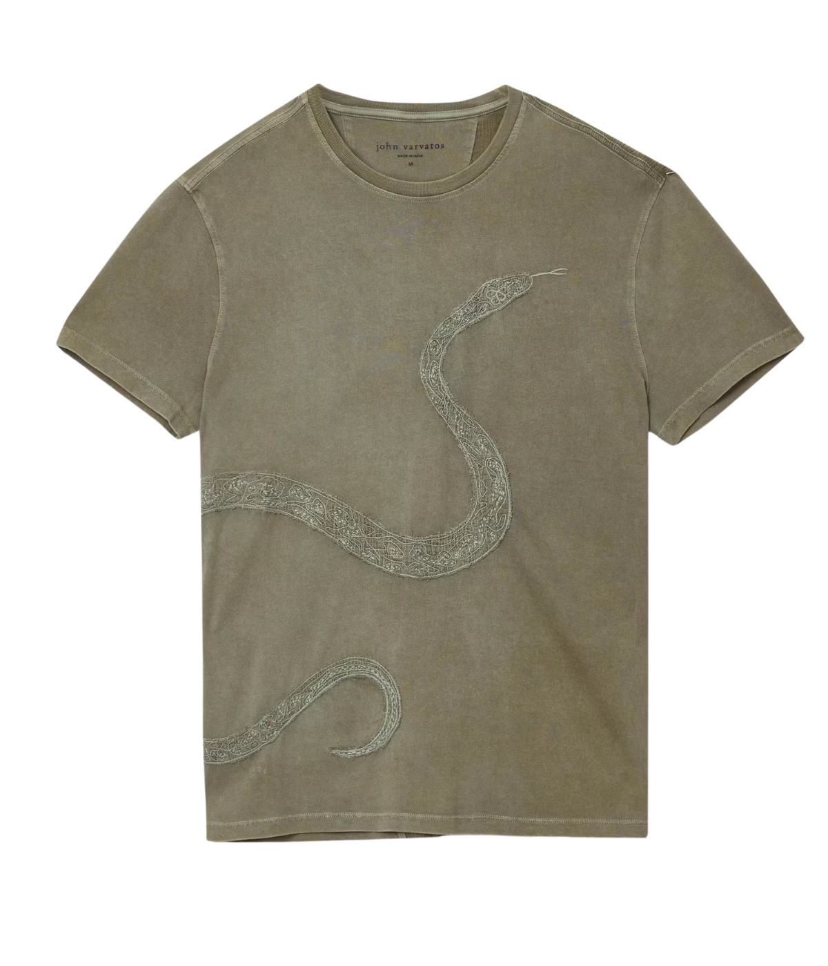 Men's green embroidered snake t-shirt in organic cotton with regular fit and wraparound tonal design.