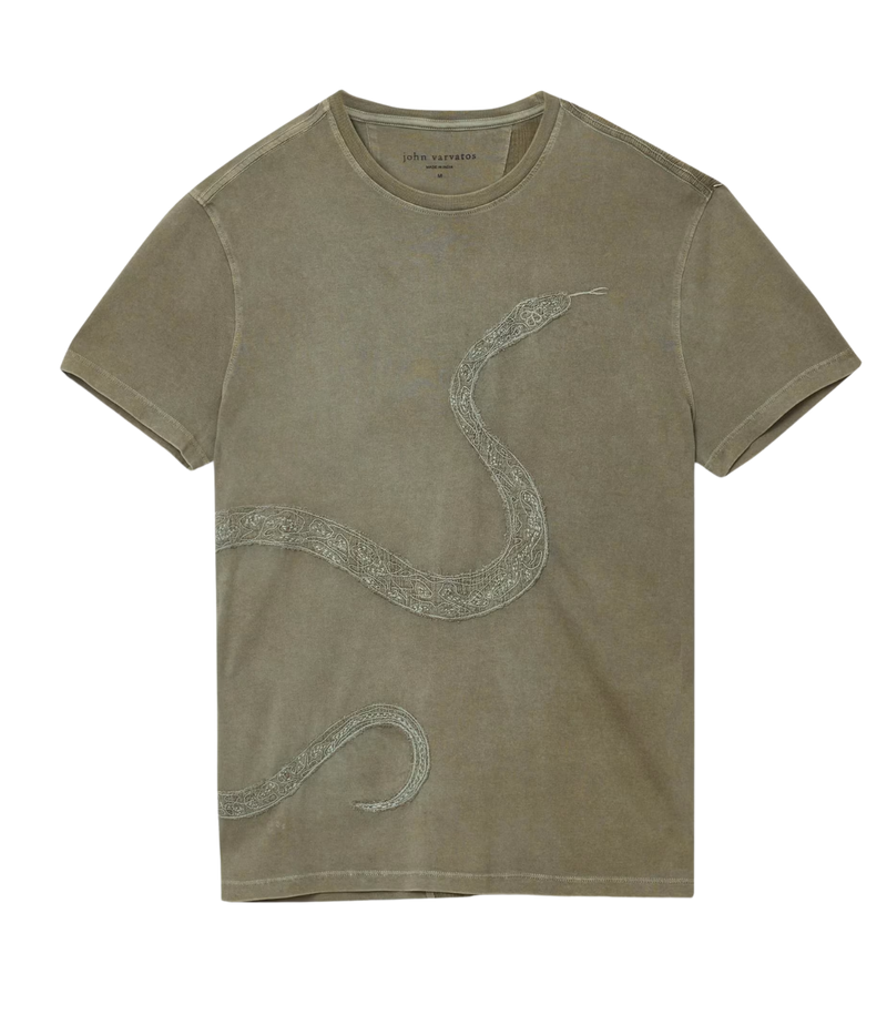 Men's green embroidered snake t-shirt in organic cotton with regular fit and wraparound tonal design.